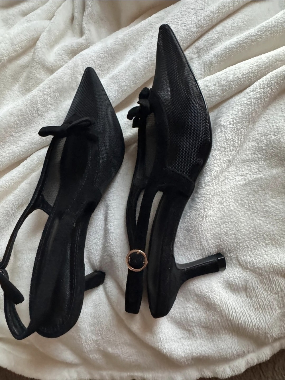 Black Pointed-Toe Slingback Heels with Bow Accent